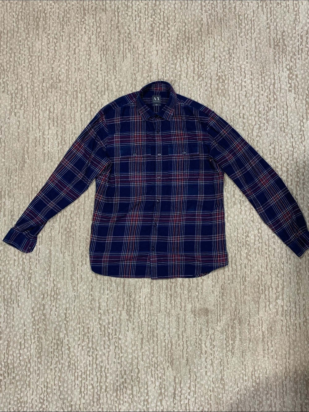 A/X Armani Exchange Navy Plaid Button-Down Shirt with Red Accents (423)